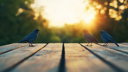 Poster - Birds standing on a wooden table at sunset in a forest