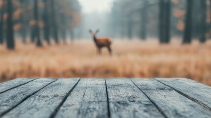 Poster - Empty wooden table overlooking deer grazing in misty forest