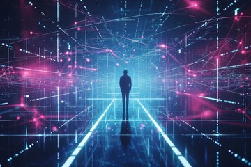 Poster - A futuristic business management system showcasing a professional in a digital network environment during a night setting with vibrant blue and pink lights illuminating the path