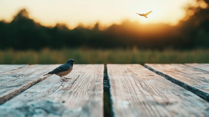 Poster - Bird standing on rustic wooden table at sunset with another bird flying