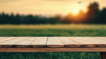 Poster - Empty wooden table overlooking serene meadow at sunset with birds flying