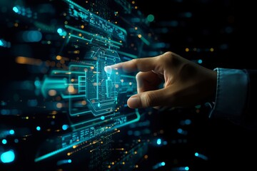 Poster - Businessman's hand interacting with a digital hologram display in a futuristic environment showcasing advanced technology at night