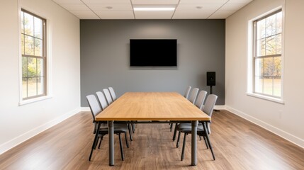 Poster - Modern conference room interior featuring long wooden table, chairs and screen
