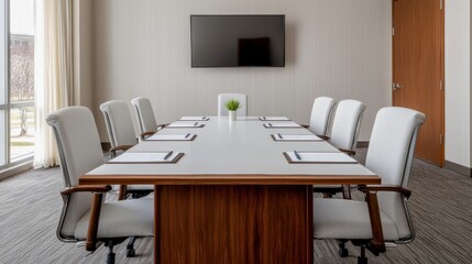 Poster - Modern conference room with large table, tv screen and chairs