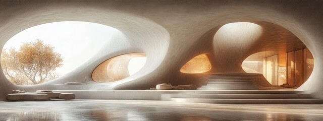 Poster - Minimalist Interior Design with White Curves Modern Architecture Futuristic Space Illustration