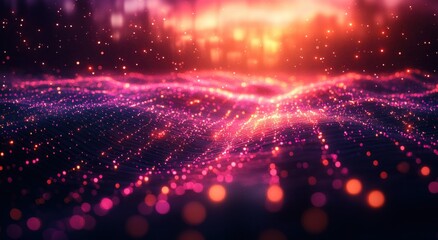 Fototapete - Futuristic Digital Landscape with Glowing Connections and Abstract Network Design