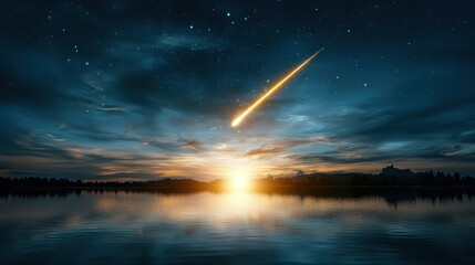 Sticker - meteor streaks across sky, illuminating tranquil lake at dusk