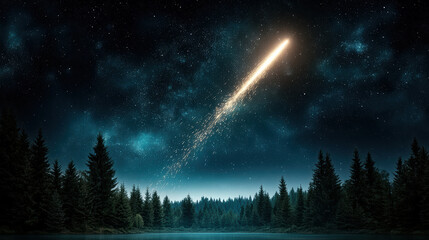 Sticker - meteor streaking through night sky over tranquil forest landscape