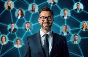 Poster - Confident businessman stands in network of interconnected professional profiles. Modern business concept of networking, recruitment highlighted. Image represents pro connections, business