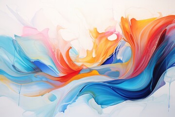 Poster - A vibrant wavy multicolored abstract painting showcasing fluid strokes in shades of blue, orange, and pink, creating a mesmerizing blend of colors that evokes a sense of motion and energy