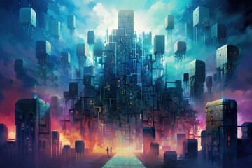 Poster - An abstract representation of a secure digital fort surrounded by vibrant colors, showcasing advanced technology and a mysterious atmosphere during twilight