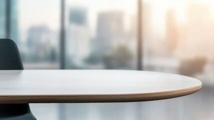 Poster - Empty meeting table overlooking a blurred cityscape in a modern office