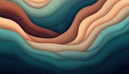 Poster - Abstract wallpaper design with organic lines. Layered wavy shapes create textured pattern. Soft color palette blends earth tones, cool blues. Suitable for backgrounds, headers. Modern retro style