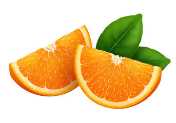 Two vibrant orange slices with juicy texture and fresh green leaves, isolated on a white background