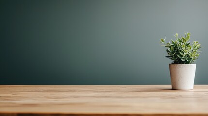 Aufkleber - Small potted plant standing on wooden desk against dark green wall, creating a minimalist and serene workspace
