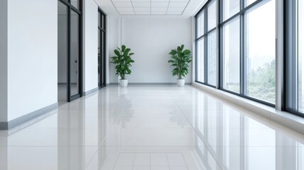 Poster - Modern corporate office with large windows and plants promoting well-being