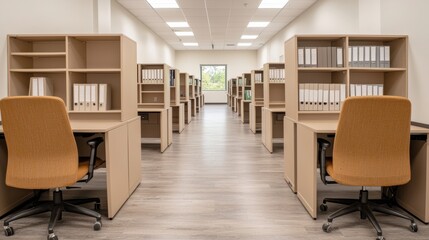 Poster - Empty open space office with desks and chairs showing streamlined workflow