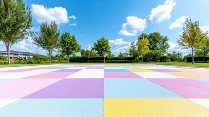 Colorful paved park square, sunny day, trees, blue sky. Ideal for leisure, design, or travel websites
