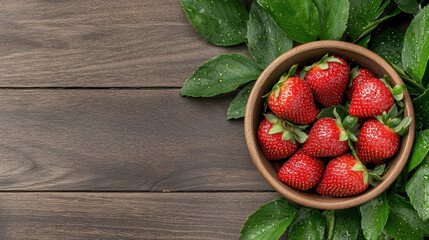 Wall Mural - Freshly picked strawberries in bowl surrounded by green leaves