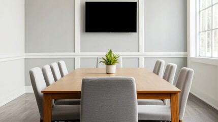 Poster - Modern meeting room with large table and tv screen creating professional environment