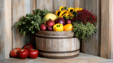 Poster - Fresh fruits and vegetables in rustic wooden basket with sunflowers