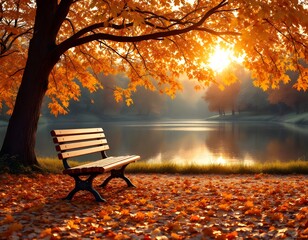 Wall Mural - Autumn Park Bench Lake Sunset Peaceful Scene