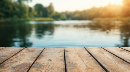 Poster - Wooden pier overlooking calm river at sunset during summer