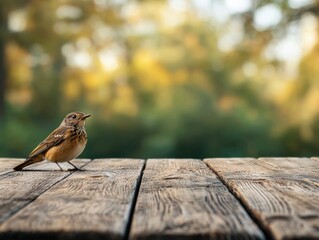 Poster - Bird standing on a wooden table in a forest clearing