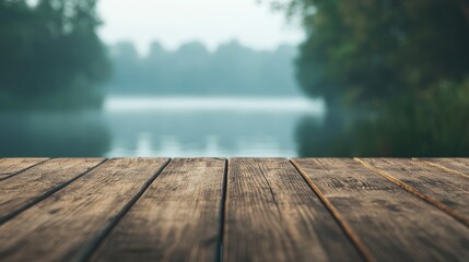Poster - Wooden pier overlooking blurred lake and trees in morning light