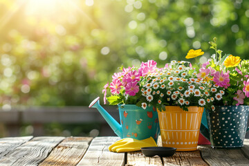 Wall Mural - Colorful flower pots on wooden table on sunny garden background. Banner with copy space