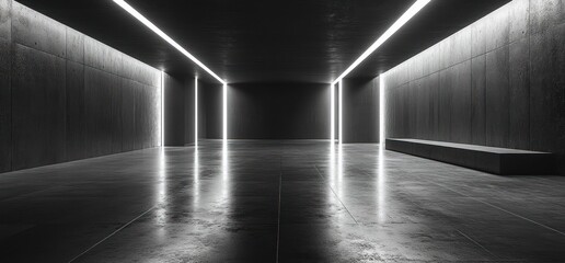 Poster - Minimalist Dark Concrete Interior Gallery Corridor with Neon Lights and High Contrast Shadows