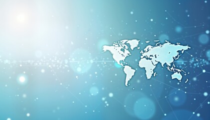 Poster - Global digital network map on light blue background. International business connectivity concept. World map showing continents, countries. Abstract lines, points suggest data flow, global