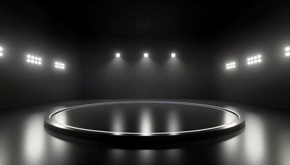Poster - Dark minimalist studio space with bright spotlights. Circular platform center. Modern design. Empty stage for product presentation. High dynamic range lighting. Futuristic aesthetic. 360 degree view