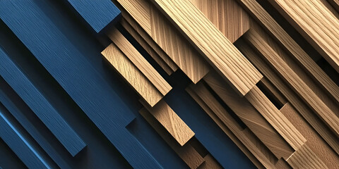 Poster - Abstract Wooden Geometry:  A  bold abstract design featuring a modern arrangement of blue and wood textured rectangles, creating an intricate and visually engaging pattern.  