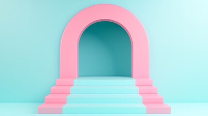 Wall Mural - Colorful Minimalist Archway with Stairs in Soft Pink and Blue Tones for Modern Design Concepts