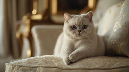 Wall Mural - A White Cat Resting on a Luxurious Couch