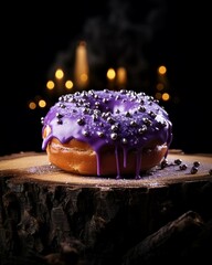 Wall Mural - Purple Sprinkle Donut on Wooden Table