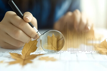 Poster - Close Examination of Financial Growth: A hand delicately holds a magnifying glass over a dry leaf, focusing on the intricate details of a financial chart displayed on a desk.