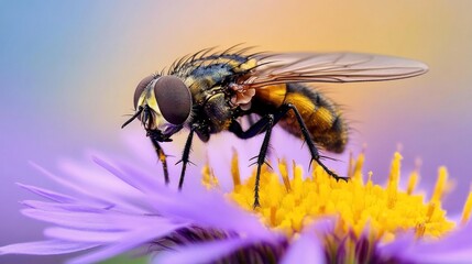 Wall Mural - Close-up of a Fly on a Purple Flower