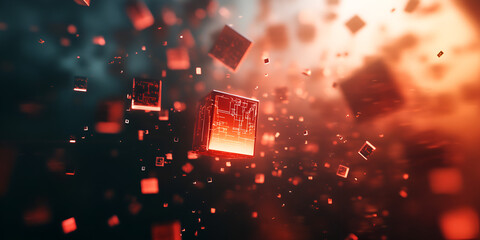 Poster - Red Cube Explosion: Abstract digital art depicting a fiery explosion of glowing red cubes against a dark background, creating a dynamic and energetic visual.