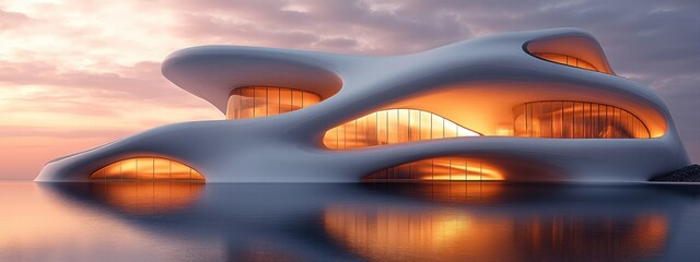 Aufkleber - Futuristic Architectural Design with Curved Lines and Ambient Lighting Modern Aesthetic Minimalist Perspective