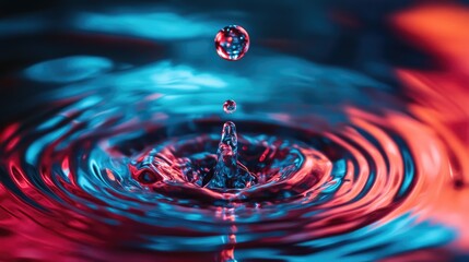 Poster - vibrant red and blue water splash macro capturing dynamic droplets in motion with ripples creating a