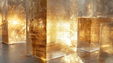 Poster - Golden reflections on transparent glass blocks illuminated by warm light creating an elegant and luxurious aesthetic background