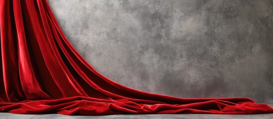 Poster - Luxurious red velvet fabric elegantly draped on a textured gray surface creating a striking backdrop with ample space for text and design.