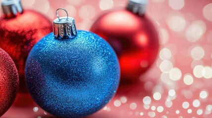 Poster - Sparkling red and blue Christmas ornaments on a soft light background creating a festive holiday atmosphere.