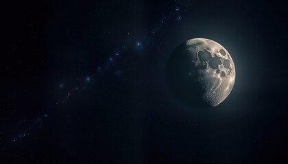 Full moon glows in dark night sky. Beautiful celestial sphere against starry night background. Isolated in universe. Tranquil space landscape. Moon shines bright in dark space. Beautiful lunar glow,