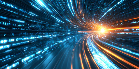Poster - Digital Speed Tunnel: Abstract image depicting a high-speed digital tunnel with streaks of blue and orange light, symbolizing rapid data transfer and technological advancement. 