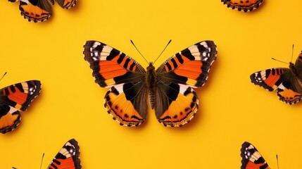 Poster - Repeated pattern of Red Admiral butterflies on a vibrant yellow background showcasing their intricate details and colors.