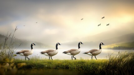 Wall Mural - A group of geese walking along a grassy riverbank on a cloudy day.