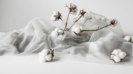 Poster - Elegant composition of raw cotton bolls and sheer white fabric draped artistically on a minimalist white surface showcasing soft textures and natural beauty.